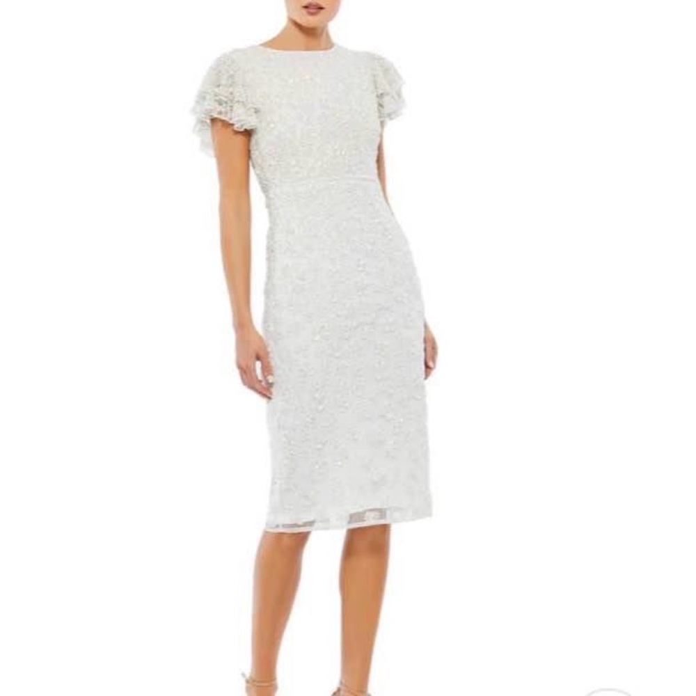 Mac Duggal White beaded Midi Dress NWT